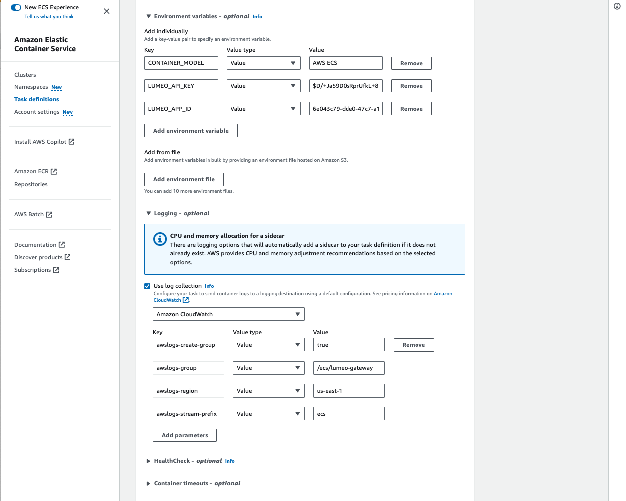 Task Definition (3/4) : Set CONTAINER_MODEL, LUMEO_API_KEY and LUMEO_APP_ID environment variables. Enable Log collection.