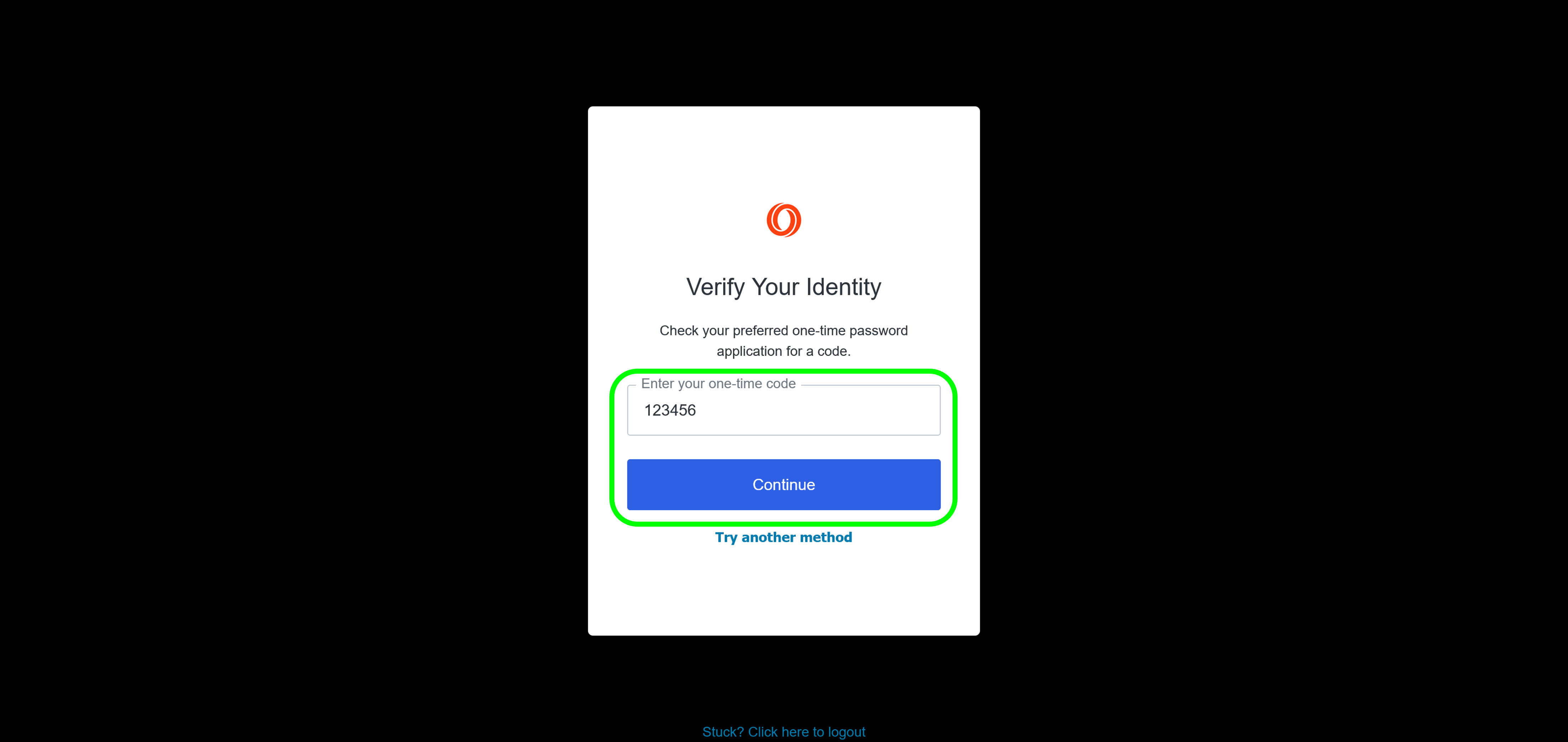 Screenshot of Oasis 2-factor authentication
