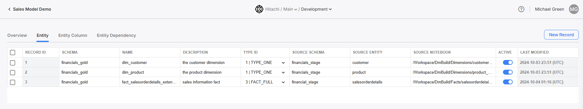 The Entity table, where you can view and edit information about all entities within this Model.