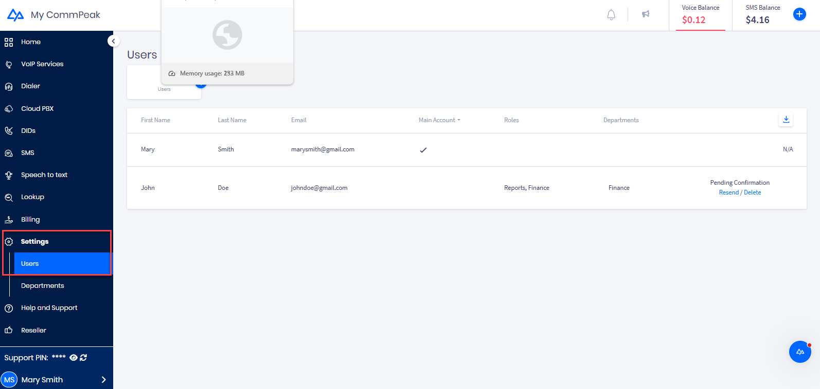Screenshot of the Settings > Users page