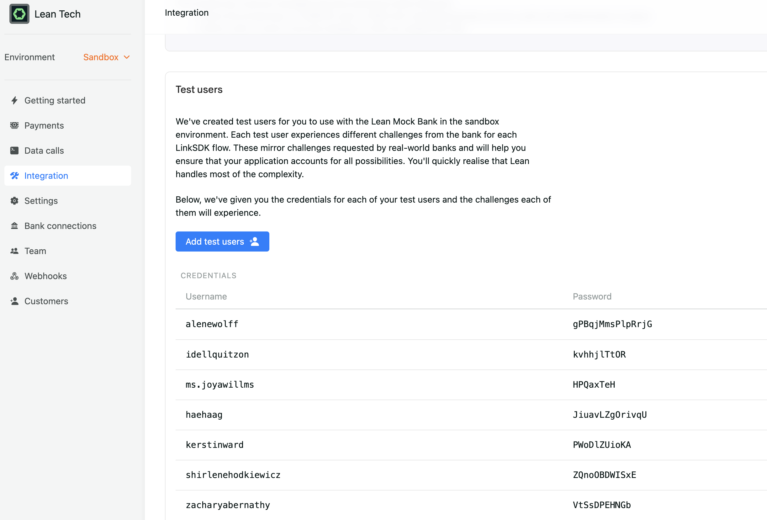 Sandbox SAMA test user credentials