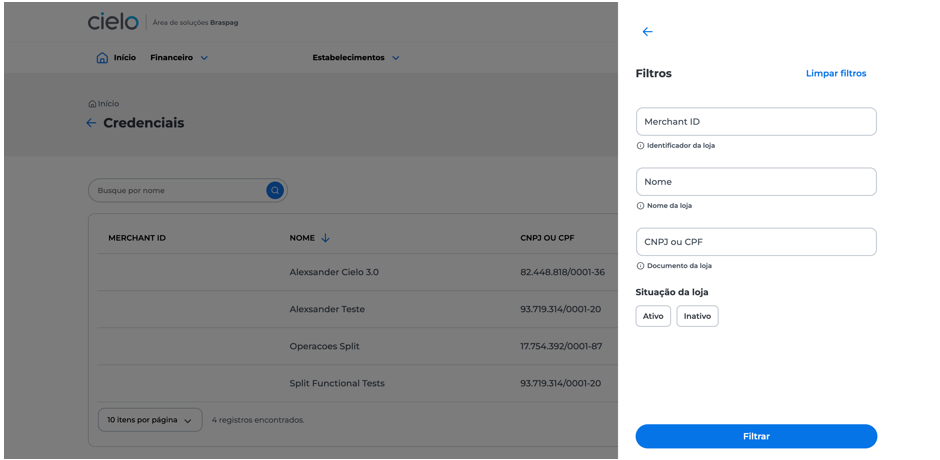 Tela para filtrar e localizar o seller