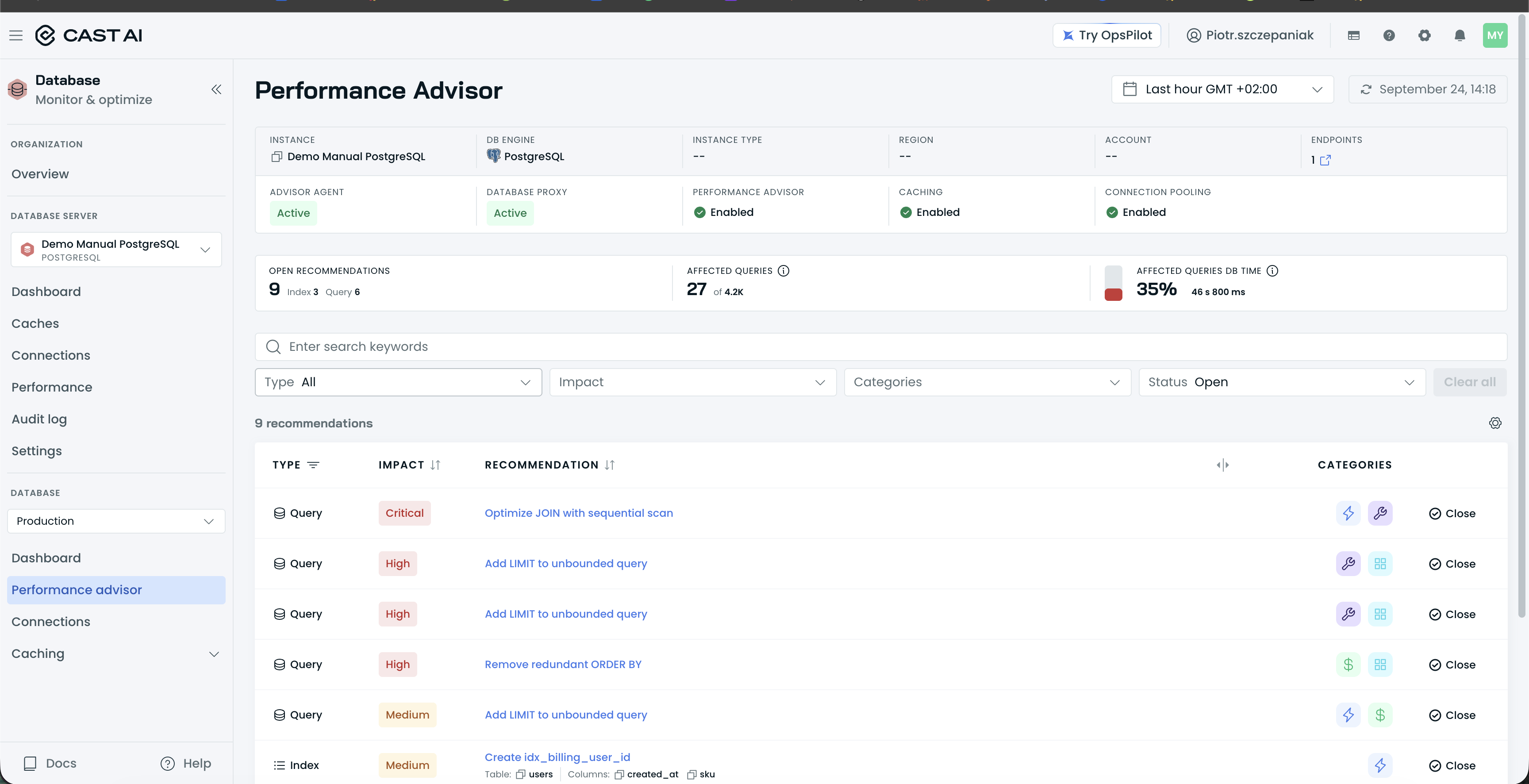 Database Performance Advisor page with the OPEN RECOMMENDATIONS, AFFECTED QUERIES, and AFFECTED QUERIES DB TIME stats, the filters, and the recommendations table