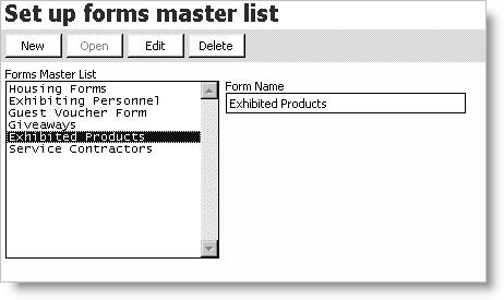 From Exposition, select Set up tables > Forms master list