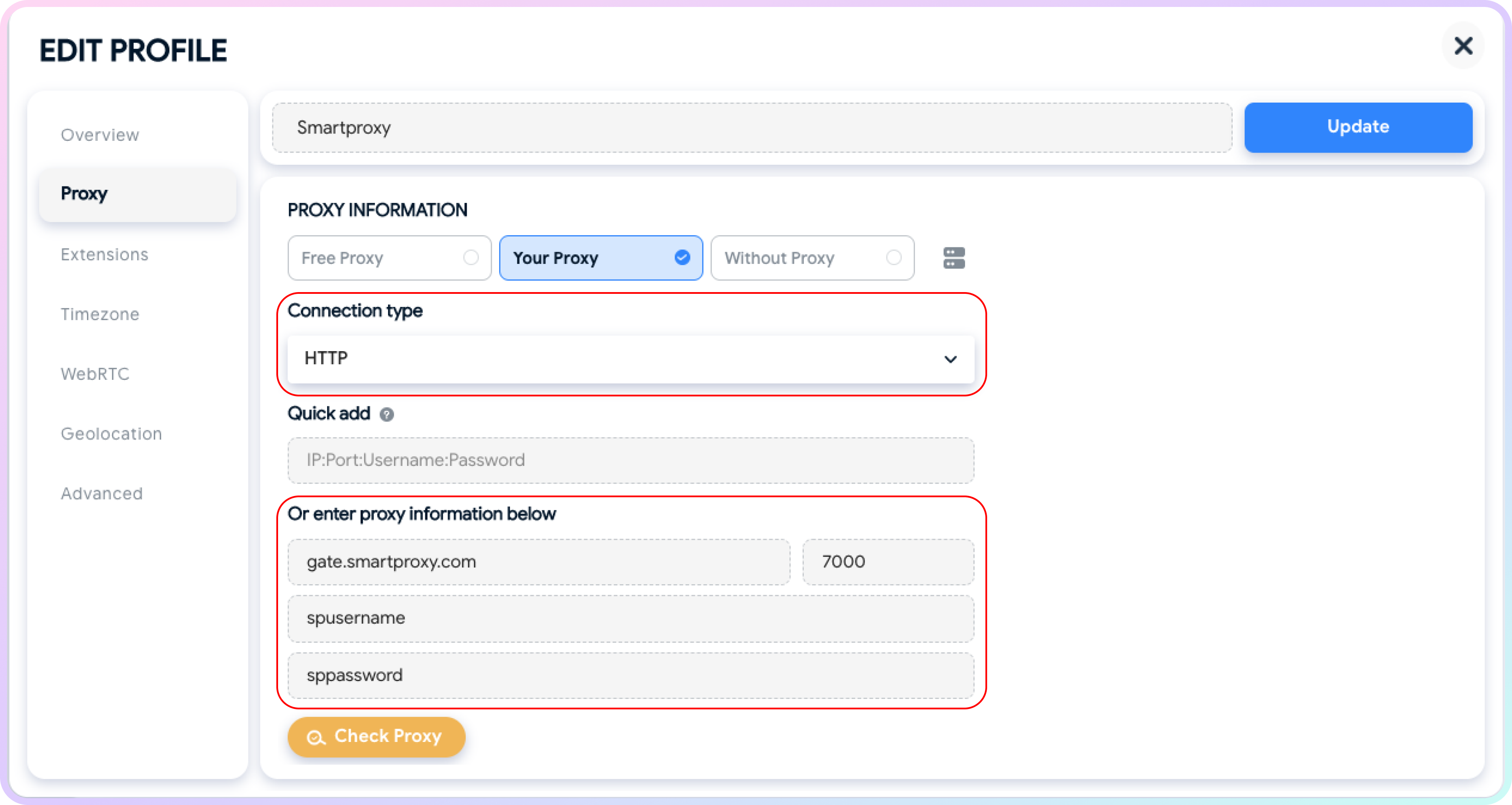 Proxy input in Hidemyacc