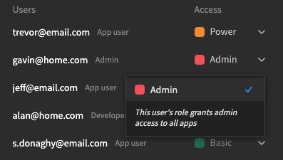 Admin and developer users will always have the 'Admin' app role