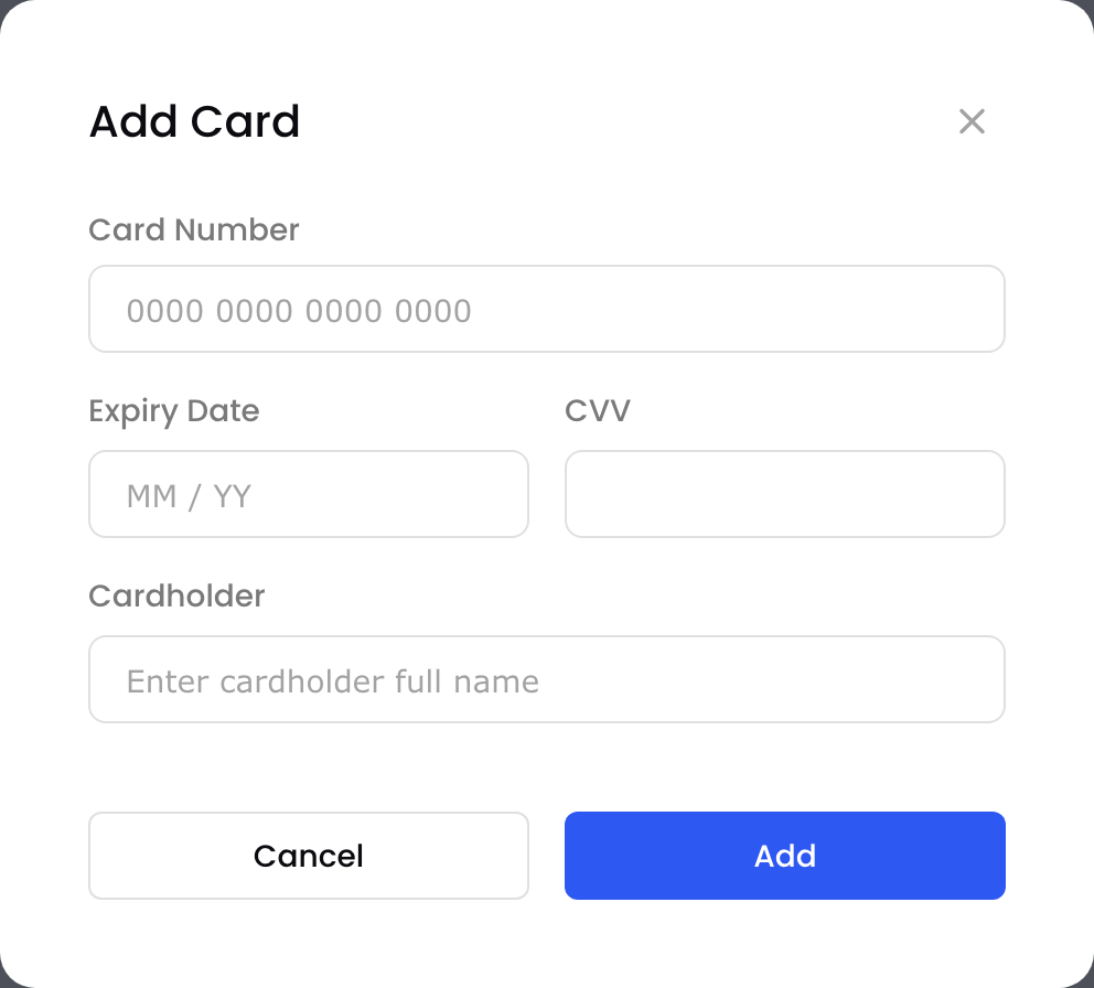The Add Card pop-up