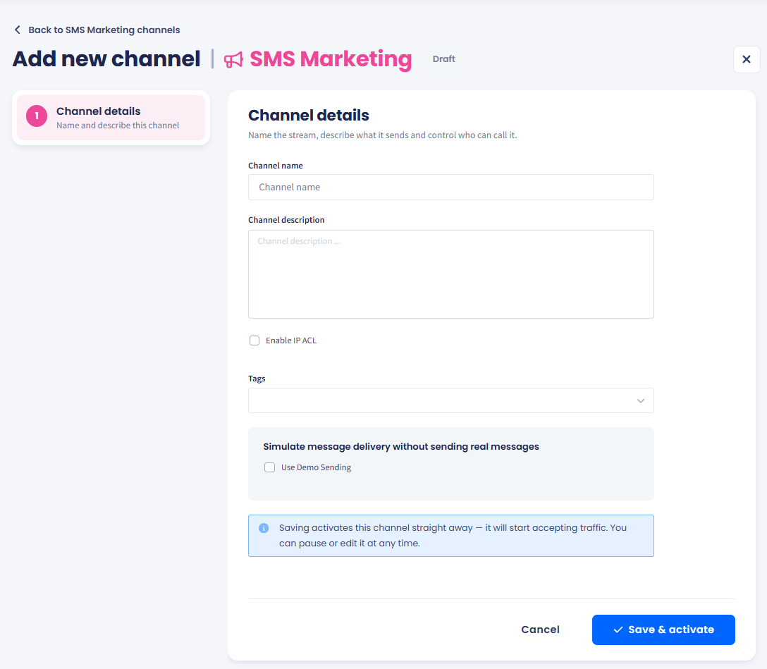Add new channel form for SMS Marketing, with channel name and description filled in