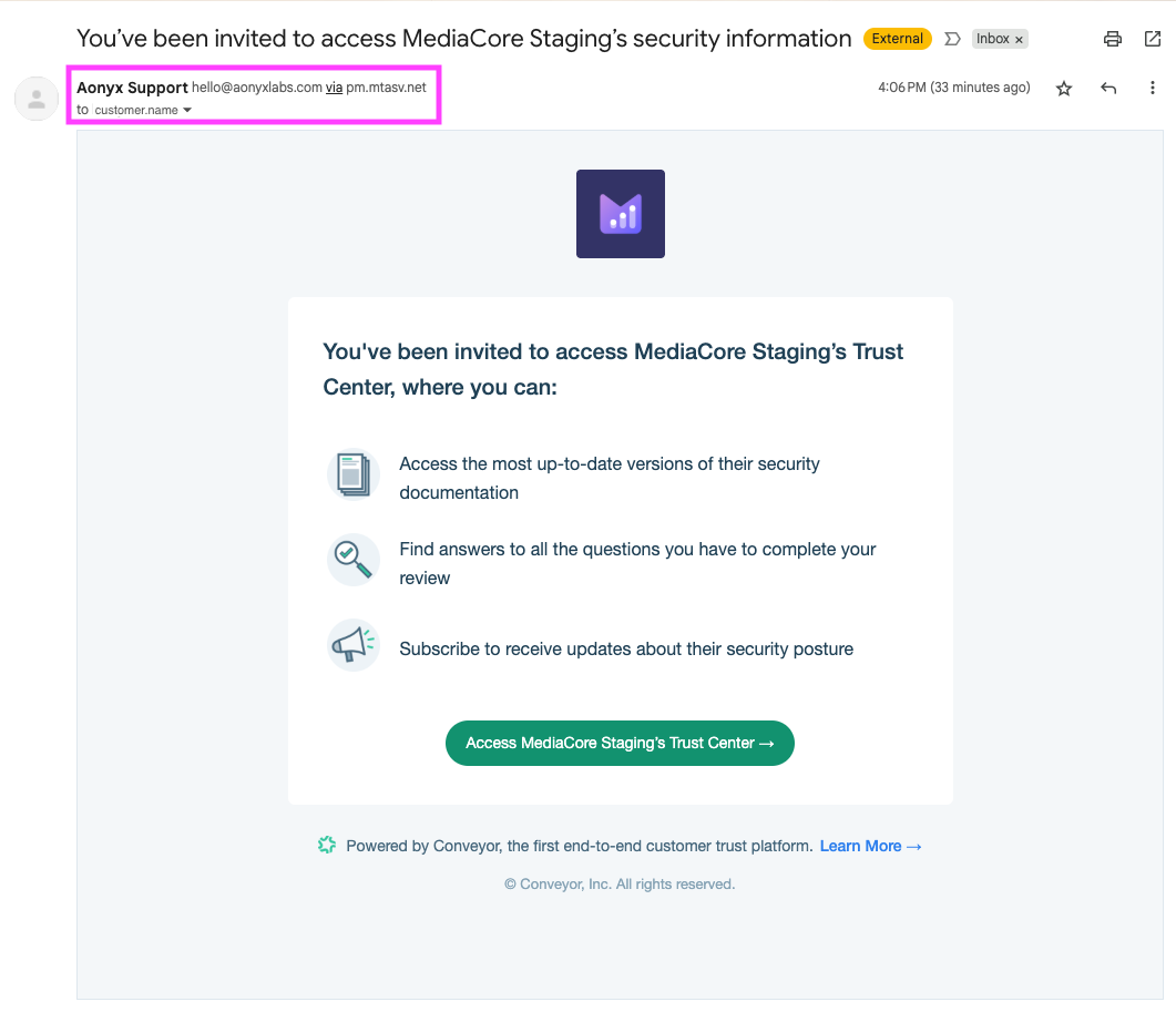 Example of a Conveyor Trust Center verification email using a custom send-from address.