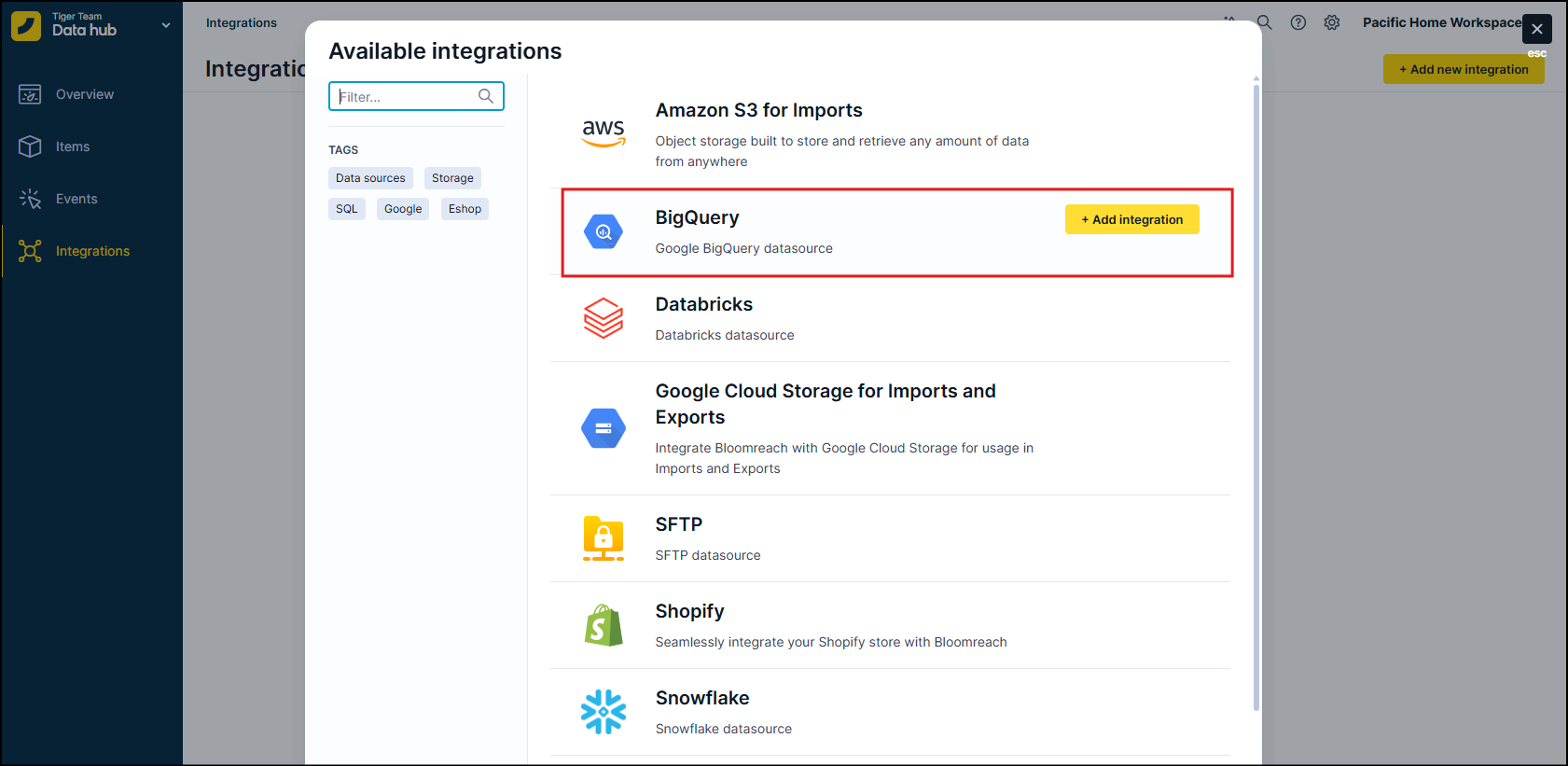 BigQuery listed in the Available integrations dialog with the + Add integration button.