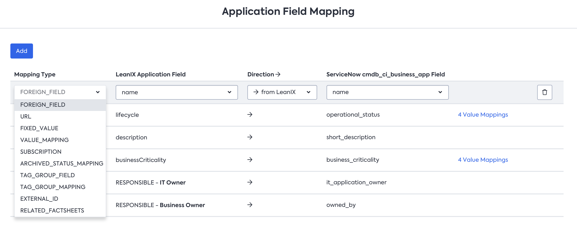 Mapping Type dropdown