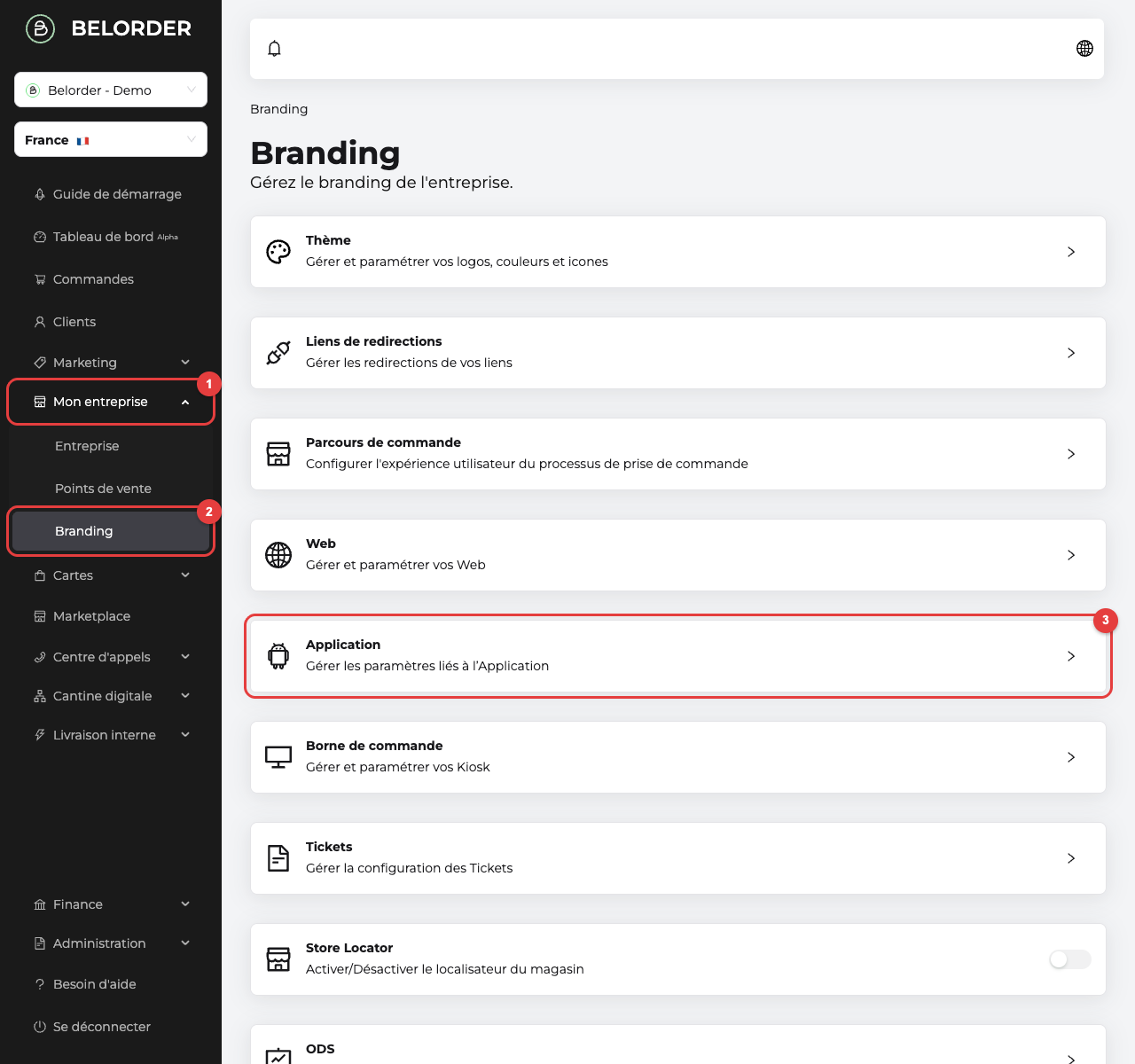 Parcours vers Branding puis Application dans le tableau de bord