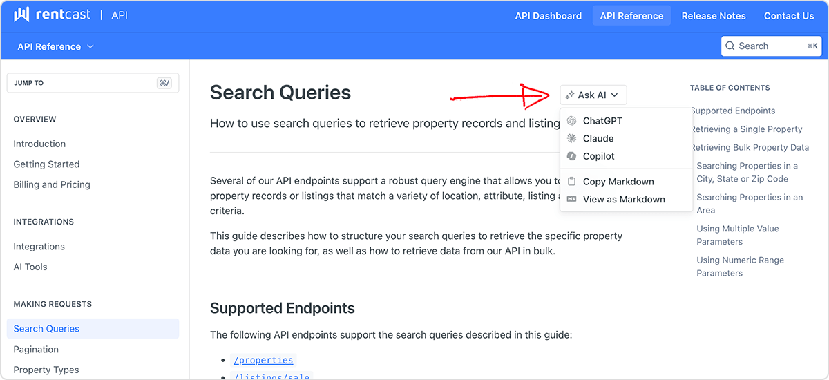 Ask AI dropdown at the top of the API docs pages