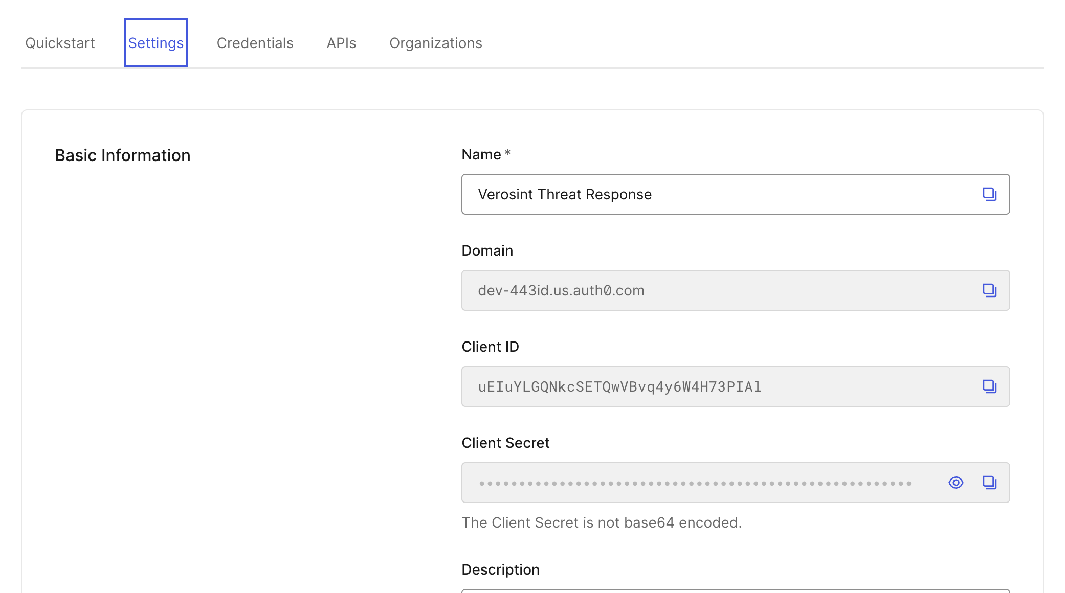 Copy the Domain, Client ID, and Client Secret values into your Verosint workspace