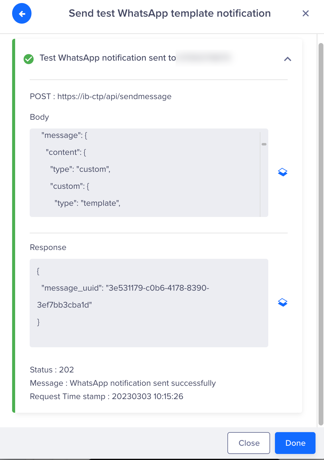 Screen shows the format of a successful delivery response after sending a WhatsApp Message