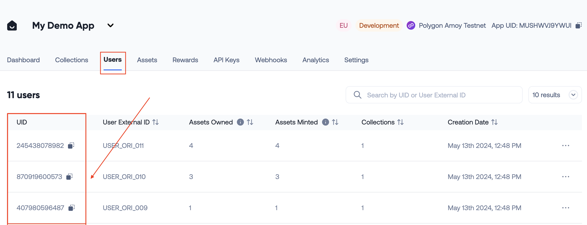 Application overview - Users table