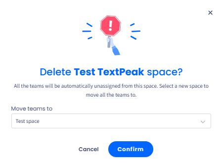 Screenshot of the dialog showing a message to confirm the removal of the 'Test TestPeak' space and the 'Confirm' and 'Cancel' buttons.