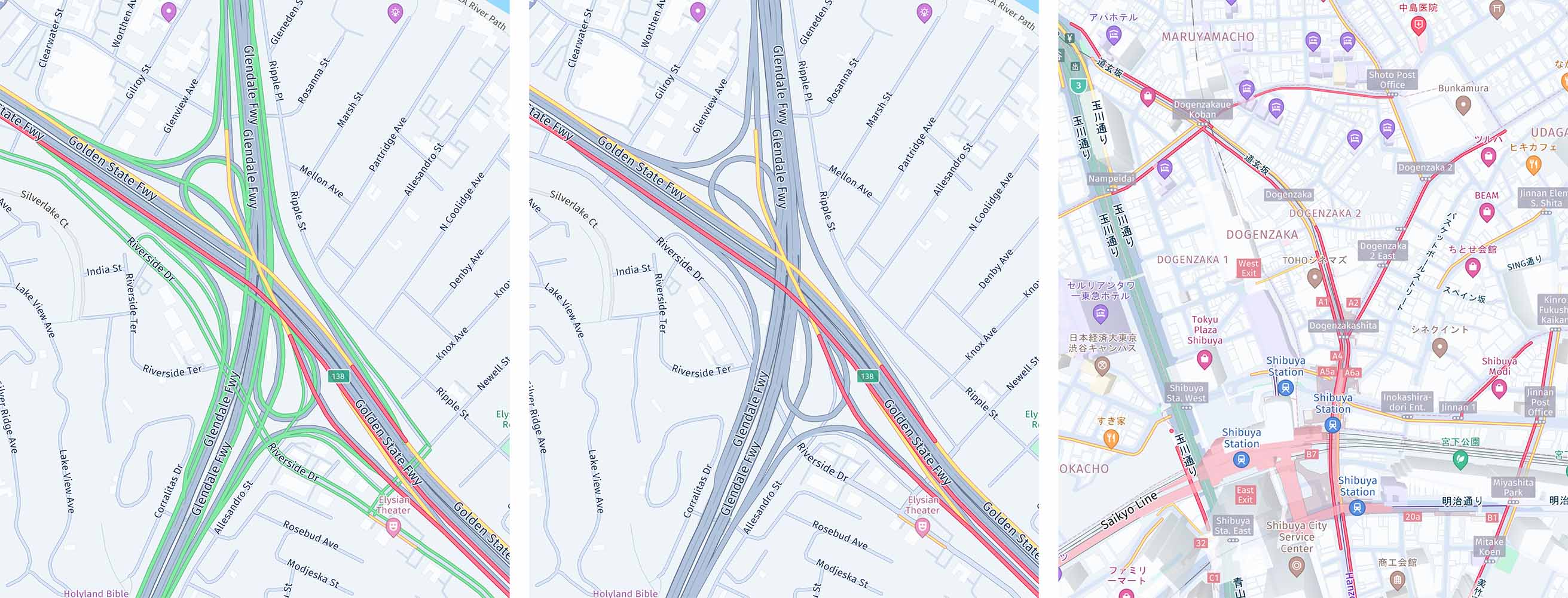 Screenshots (from left to right): MapFeatures.TRAFFIC_FLOW combined with MapFeatureModes.TRAFFIC_FLOW_WITH_FREE_FLOW shows active traffic jams on the streets by showing green lines when there is no traffic congestion. When paired with MapFeatureModes.TRAFFIC_FLOW_WITHOUT_FREE_FLOW, no green lines are shown when there is no traffic congestion. When paired with MapFeatureModes.TRAFFIC_FLOW_JAPAN_WITHOUT_FREE_FLOW, no green lines are shown when there is no traffic congestion.