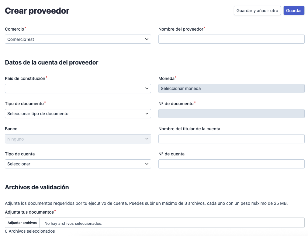 Formulario Crear proveedor