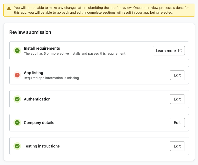 Review submission view with completion statuses shown for each section.