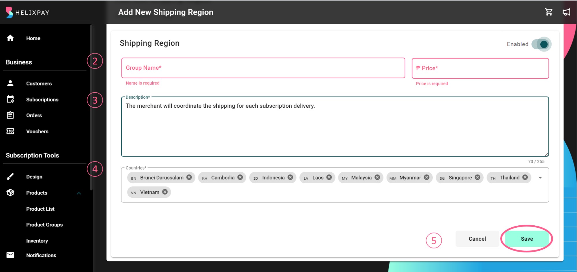 Make sure to enable the shipping region to apply the shipping fee to orders.