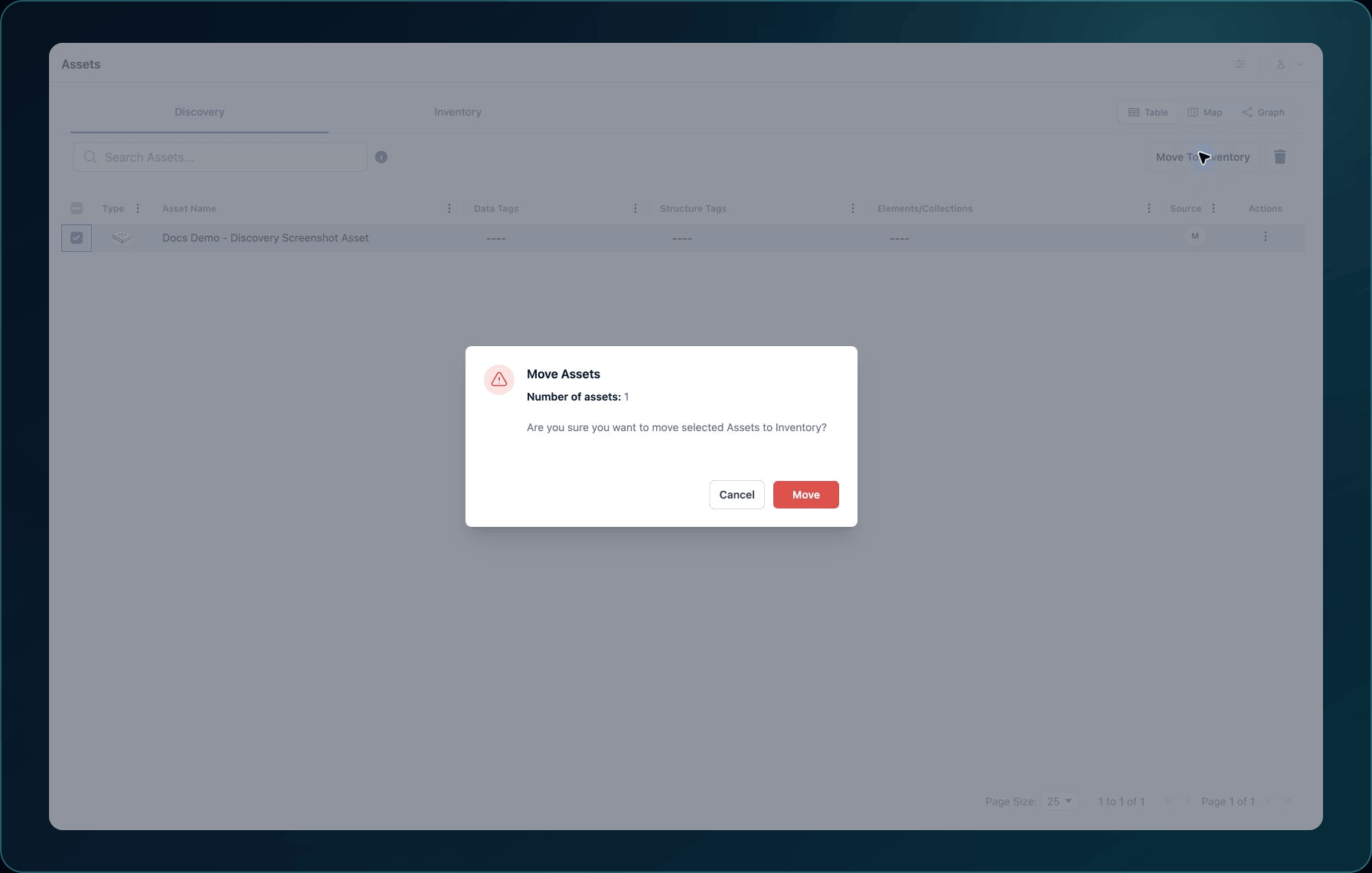 Move Assets confirmation showing the selected Asset count and the final Move action.