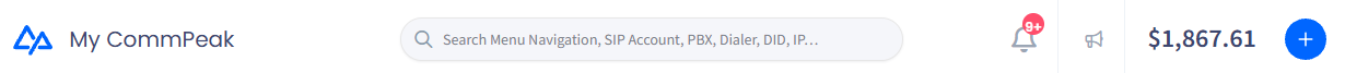 Screenshot of the CommPeak Portal dashboard with the Add credit button highlighted