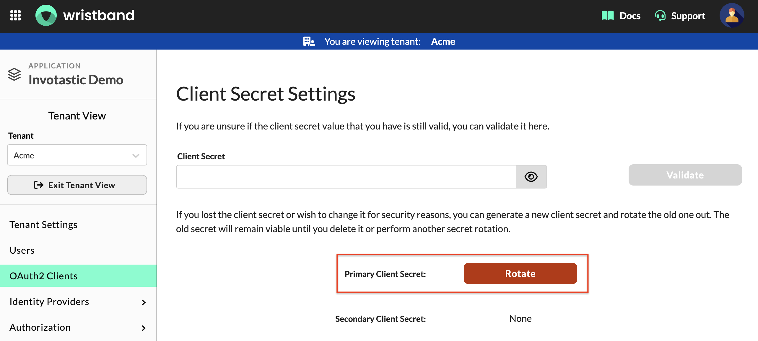 Client Secret Settings section on the Edit Client page for a tenant-level M2M client showing the Rotate button for the Primary Client Secret.