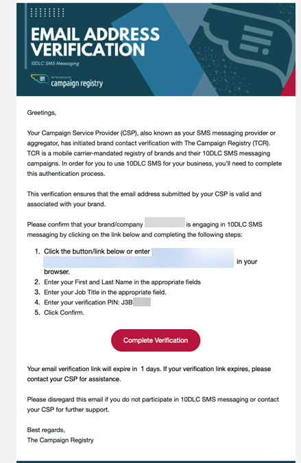 Screenshot of the Sample email to complete email address verification