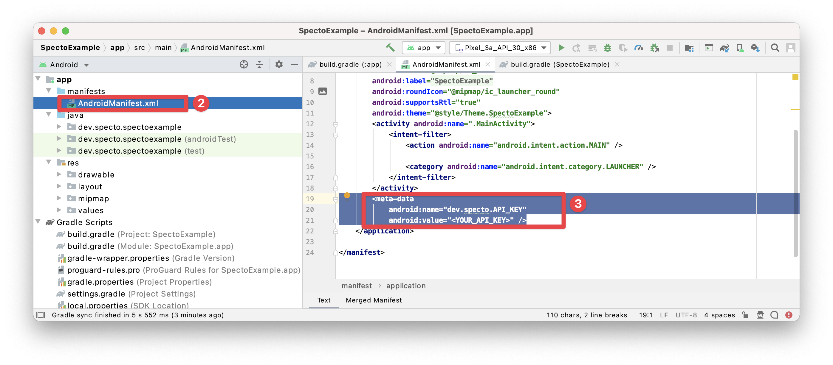 gradle-api-key.png Setting the Specto API key in AndroidManifest.xml (steps 2-3)