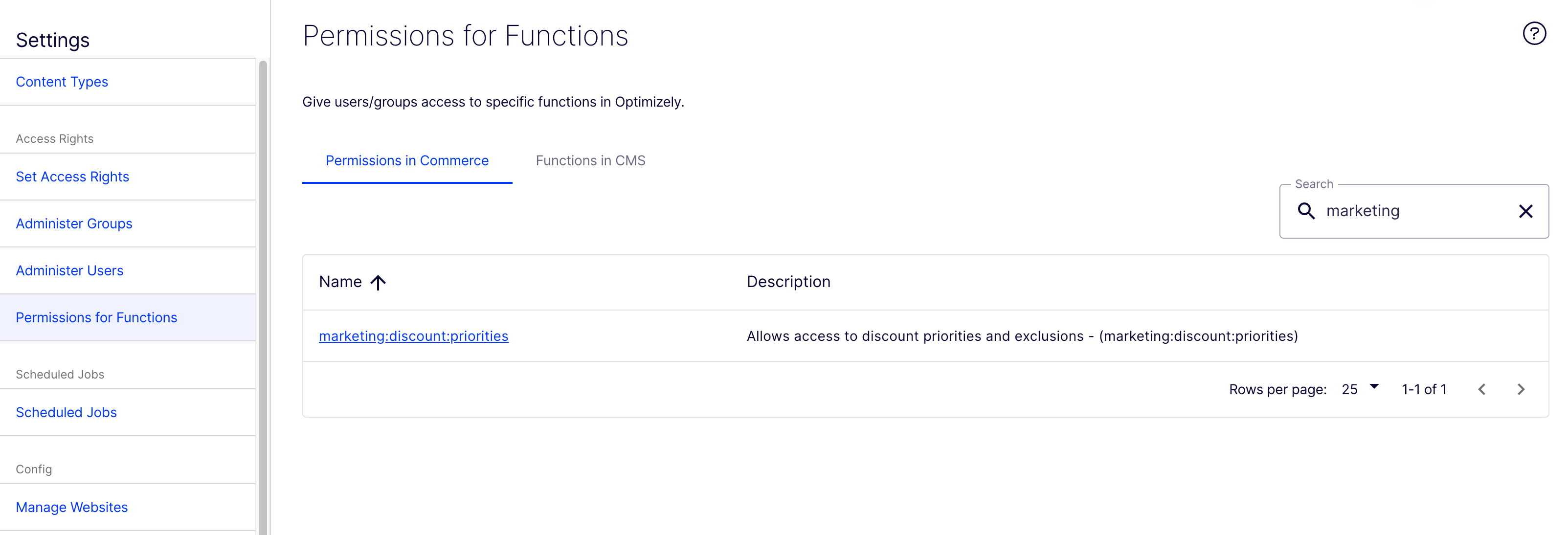 Screenshot of the Permissions for Functions admin page in Optimizely CMS