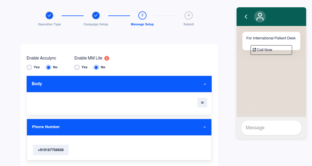 Message setup screen for multiple WhatsApp numbers
