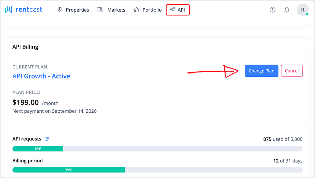 Managing a RentCast API subscription