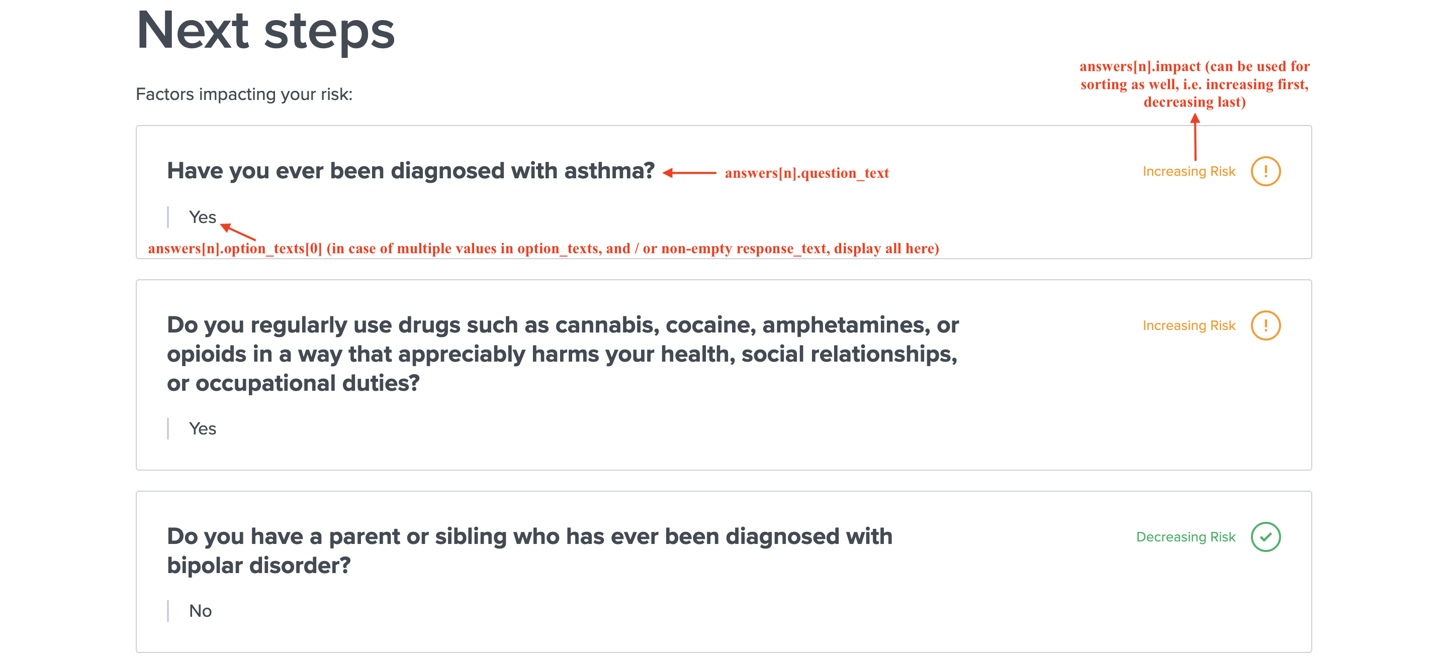 Profile Lifestyle Assessment Next Steps Page Showing How Each Answer Impacts Risk