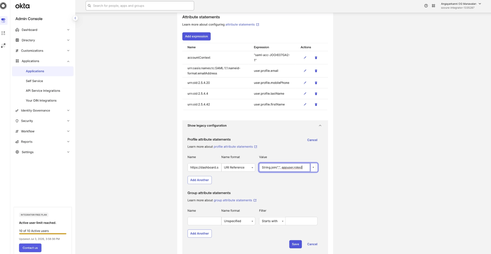 Okta Legacy Configuration expression editor for mapping the RoleName attribute