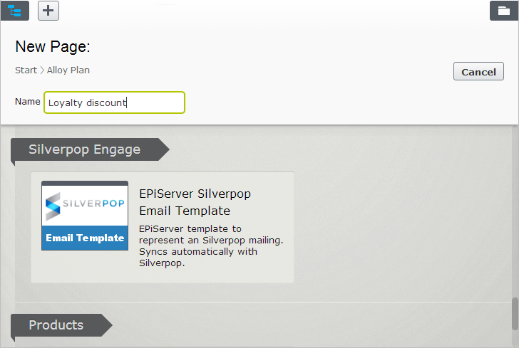 Screenshot of the Silverpop Mail Template page type where creating a new mailing