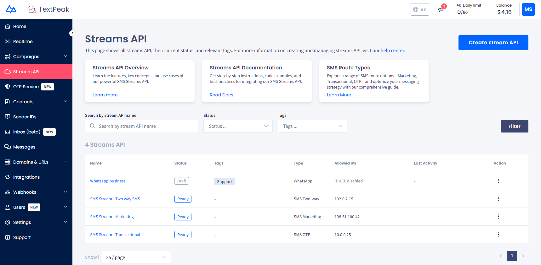 Screenshot of the Streams API tab