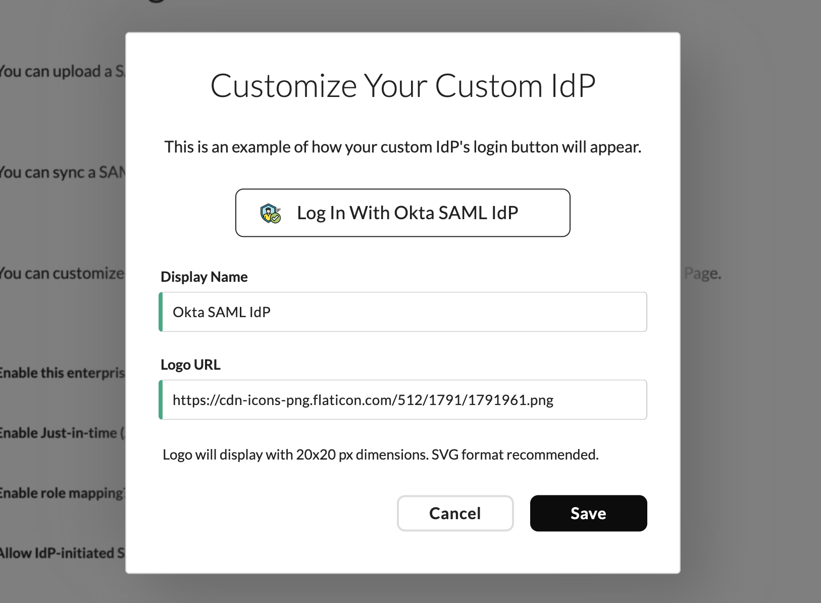 Wristband: Customize Your Custom IdP modal showing login button preview