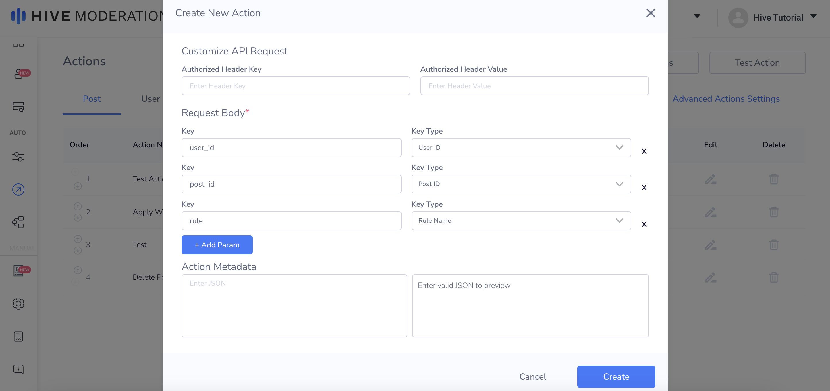 Create New Action - Customize API Request