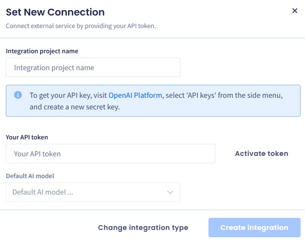 Screenshot with setting new integration