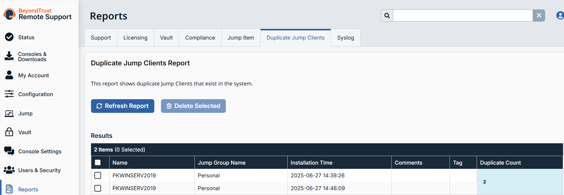 The Duplicate Jump Clients Report page displays a table of results with headers of Name, Jump Group Name, Installation Time, Comments, Tag, and Duplicate Count. Two results have been returned.