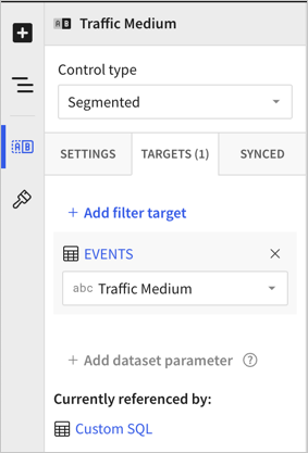 Screenshot showing the Element properties panel for a control with the Targets tab open, showing "Custom SQL" in the "Currently referenced by" list.