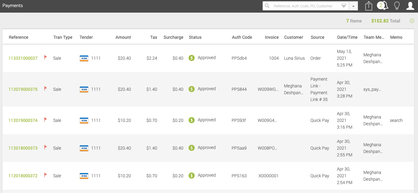 Surcharge fee appearing as a separate column on the Payment grid