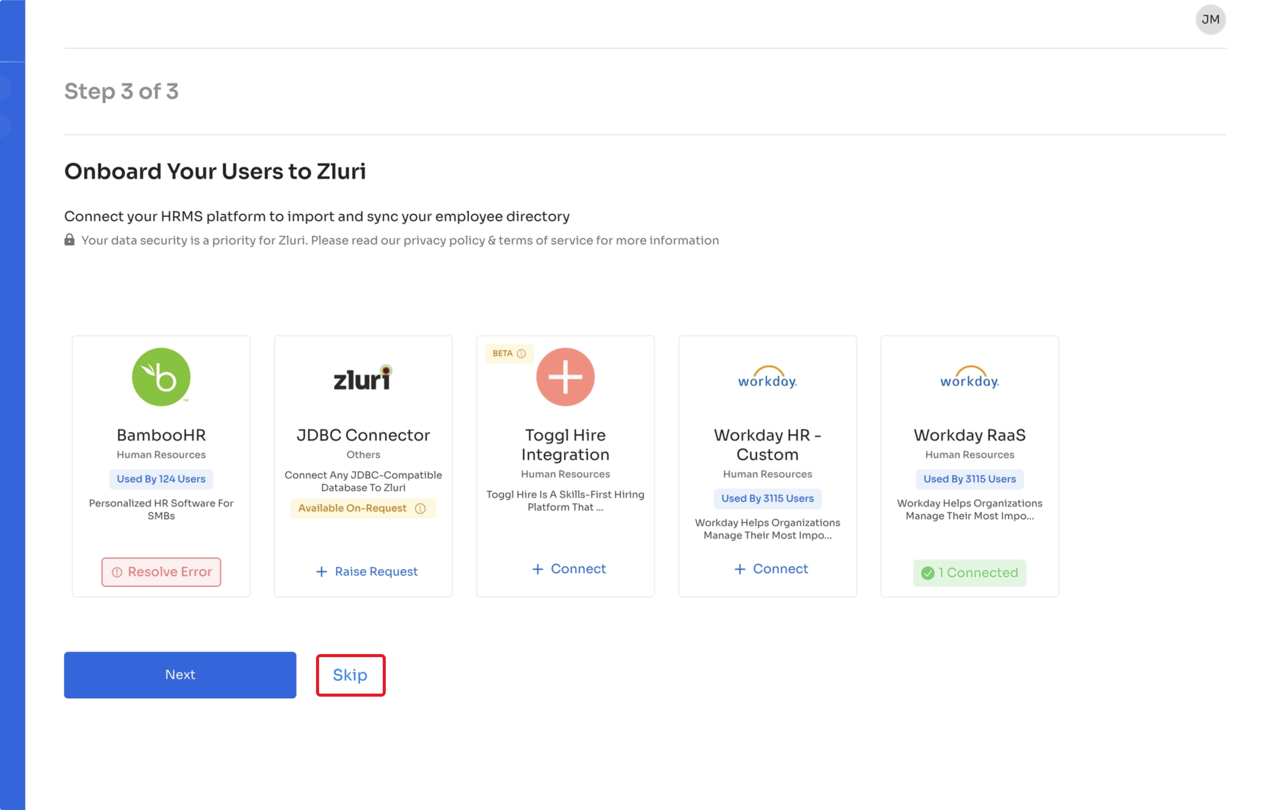 Onboard Your Users to Zluri step listing HRMS platforms, with Skip highlighted