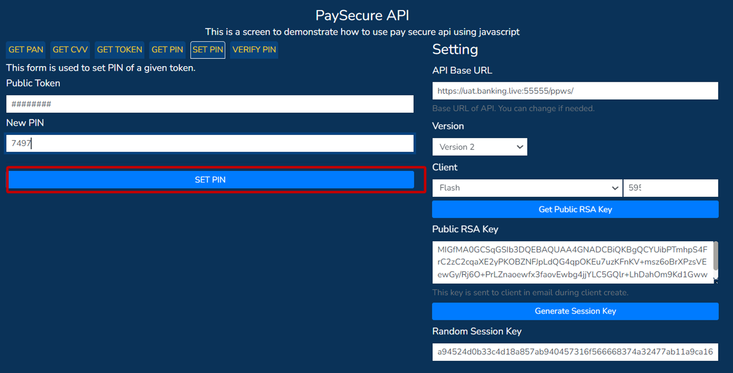 PaySecure API screen: click SET PIN