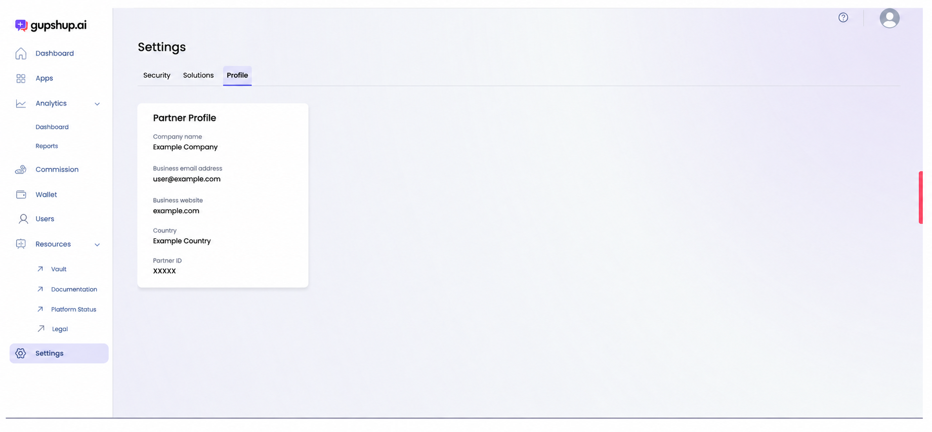Partner Profile with company and account information replaced by examples