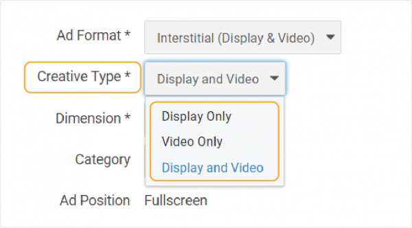 **Figure 2: Creative Type dropdown selections**