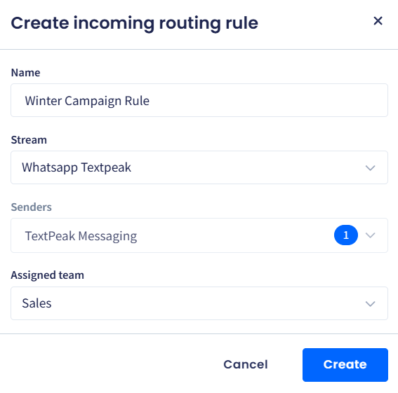 Screenshot of the Create new incoming routing rule dialog box
