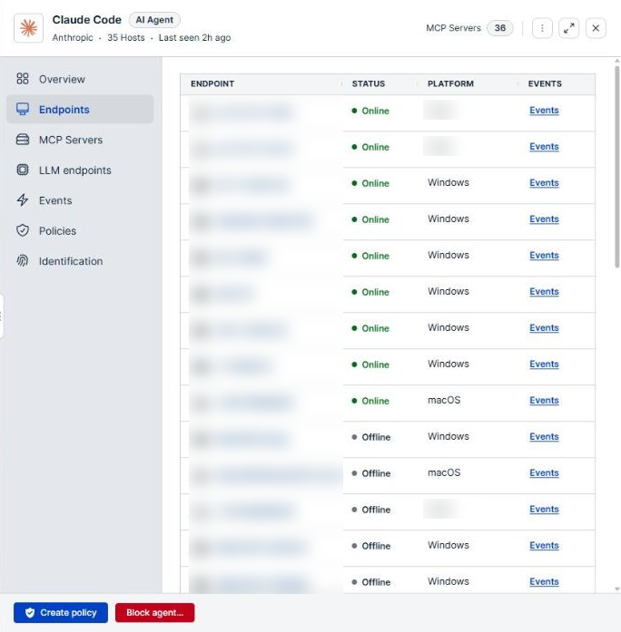 The Endpoints tab of an agent details panel, listing the endpoints the agent runs on with their status and platform