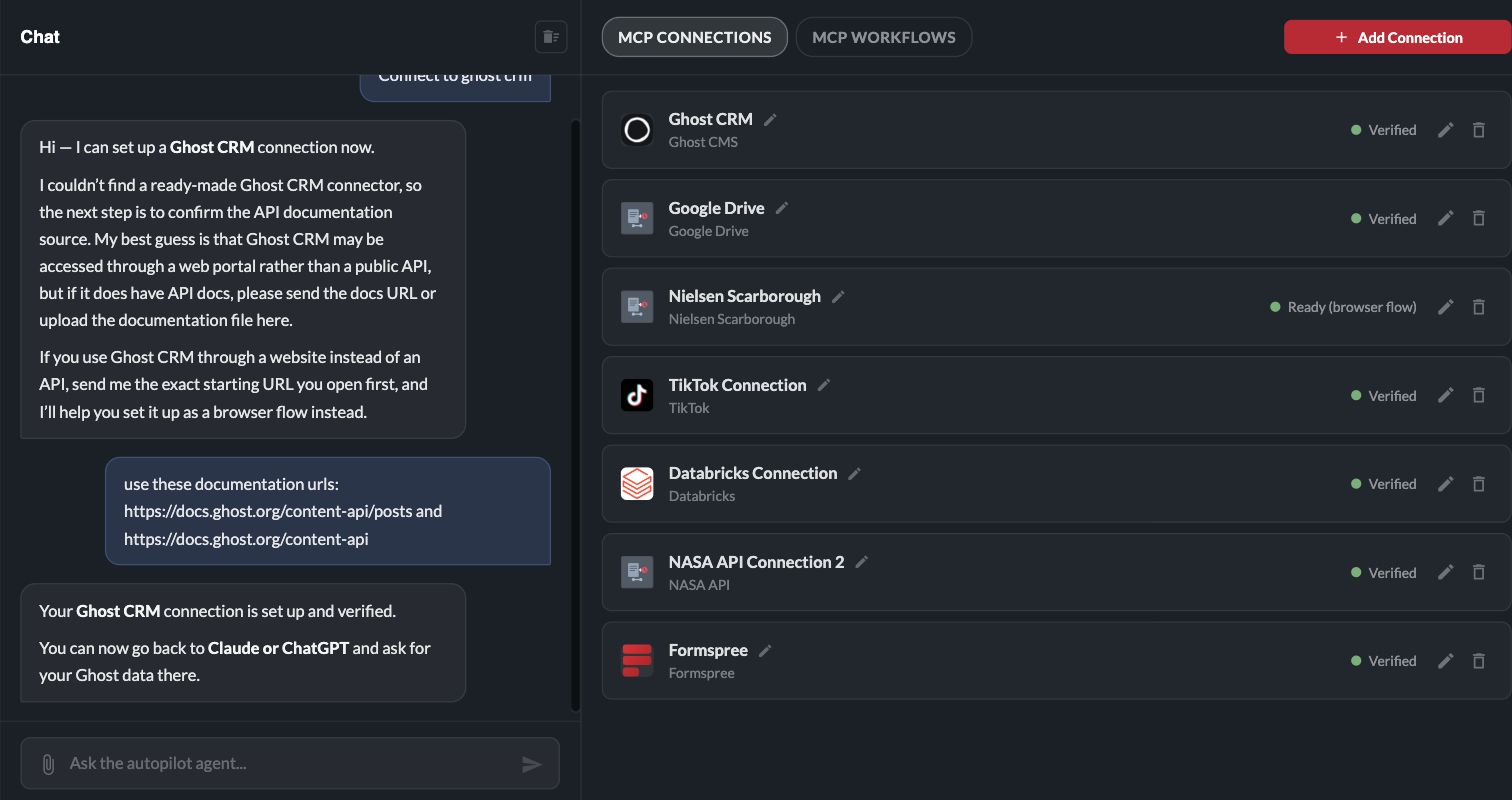 The chat confirming a new connection is verified, with the connection cards on the MCP CONNECTIONS tab